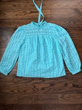 NWOT J. Crew Light Aqua Eyelet Top With Pleated Neckline